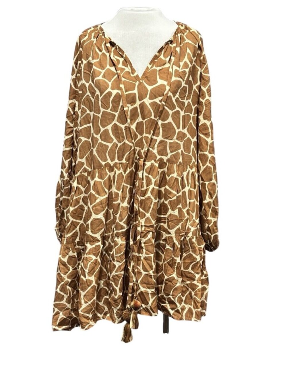 Aghata Brown Giraffe Print Long-Sleeve Tiered Dress Size TU Relaxed Fit